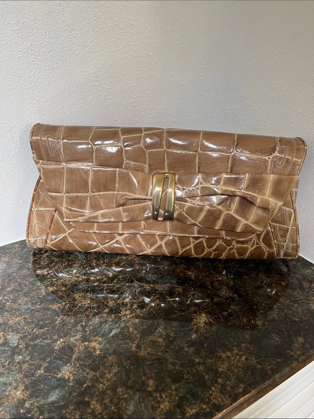 Sharif Croc-Embossed Tan Foldover shoulder bag clutch with Gold Accent